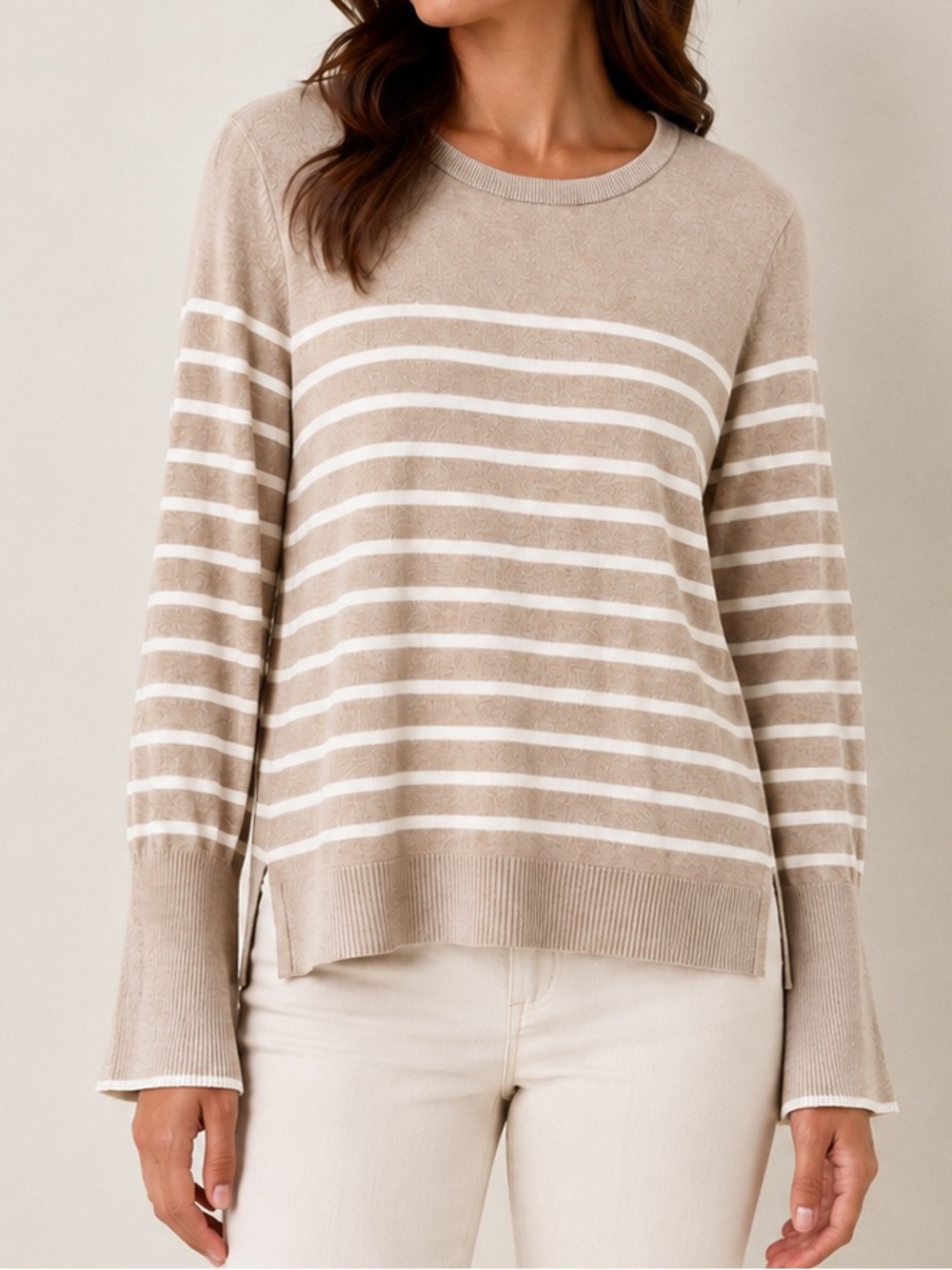 J. McLaughlin Striped Crewneck Tan White Knit Preppy Stretch Pullover Sweater - Picture 8 of 8
